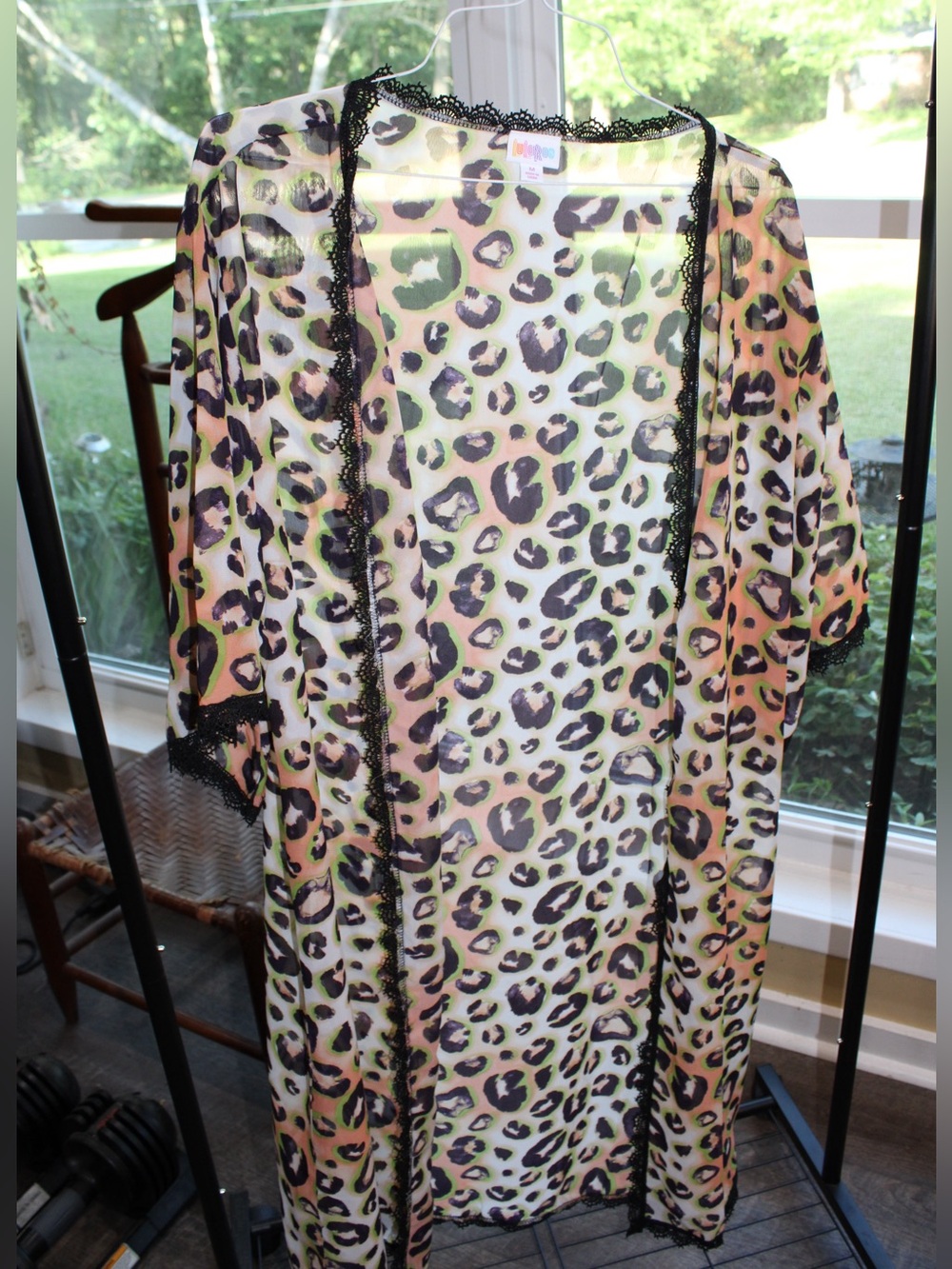 LuLaRoe Shirley Leopard Print Kimono | Medium | Lace Trim Open Front Cardigan